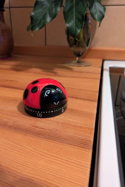 Eine Eieruhr im Design eines Marienkäfers steht auf einer hölzernen Arbeitsplatte.