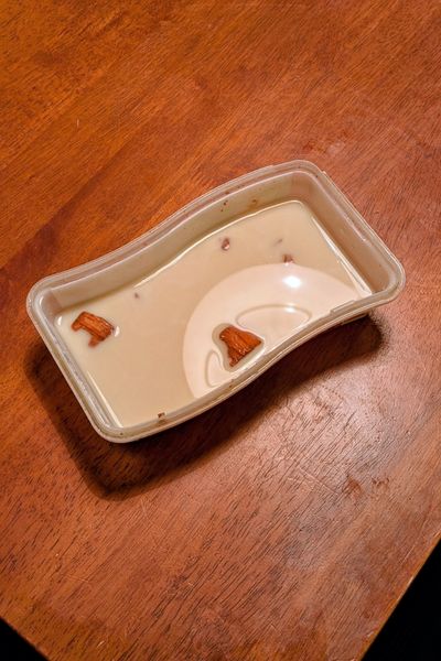 Auf einem Küchentisch steht eine Eispackung mit einem Experiment eines Kindes: In Sojamilch schwimmen Holzstücke.