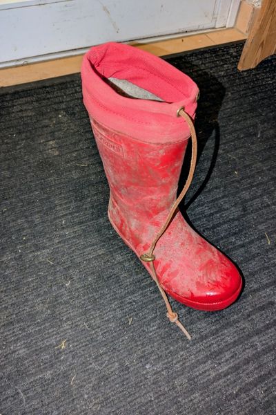 Ein roter Gummistiefel eines Kindes steht auf einer schwarzen Schmutz-Fang-Matte. Der Schnürsenkel ist einseitig gelöst.