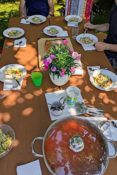 Ein reich gedeckter Tisch mit Salat, Baguette und Soljanka steht im Garten unter dem Schatten zweier Kirschbäume.