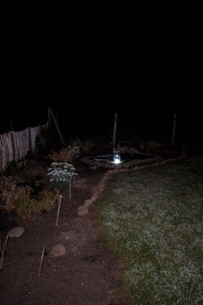 In tief schwarzer Nacht leuchtet das Licht eines Springbrunnens. Links entlang eines Staketenzauns erkennt man eine verblühte Pfingstrose und Fetthenne.