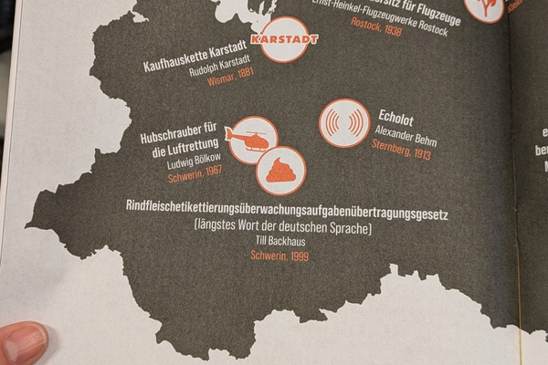 Ein Foto aus einer Zeitschrift mit der Abbildung mecklenburgischer Errungenschaften. Im Fokus steht hier das längste Wort Deutschlands: 1999 schuf Landwirtschaftsminister Till Backhaus (SPD) das "Rindfleischetikettierungsüberwachungsaufgabenübertragungsgesetz".