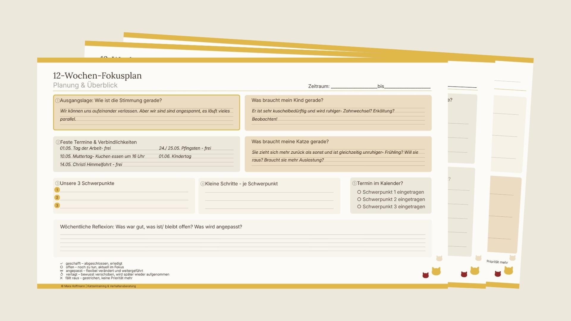 Erste Seite der Vorlage des 12-Wochen-Fokusplans mit Beispiel-Einträgen: Termine für Mai und Juni 2026: Muttertag, Christi Himmelfahrt, Pfingsten, Kindertag. Stimmung in der Familie: verlässlich, aber überlastet. Bedürfnisse von Kind: mehr Nähe- Hinweis aus Zahnwechsel oder Erkältung?, Bedürfnisse der Katze: Rückzug und Unruhe: Hinweis auf zu wenig Auslastung? Farblich ist die Vorlage dezent gehalten: Oben und unten ein goldgelber Streifen, die Ausfüll-Felder in Creme, Beige und Grau unterlegt und in der rechten unteren Ecke sind drei kleine Katzenköpfe in den Branding-Farben der Katzenberaterin arrangiert: Goldgelb, sanftes, dunkles Rot und Creme.