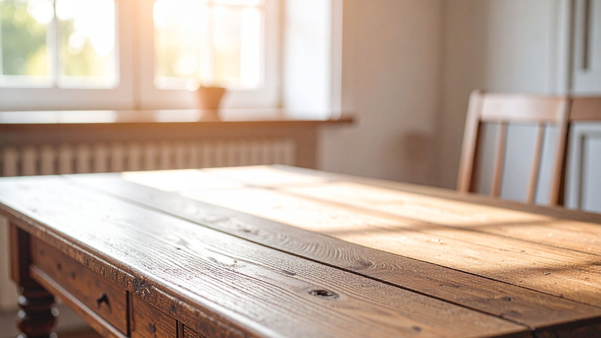 mein-weg-zur-katze-kuechentisch-blogparade-august-2026 Ausschnitt einer Küche: Im Vordergrund steht ein Küchentisch aus Holz, im Hintergrund stehen zwei Holzstühle und links verschwommen leuchtet Sonne durch ein Fenster.